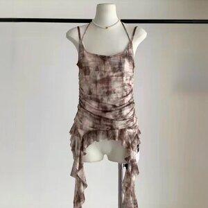 Brown Ruffle Trim Asymmetrical Mesh Top
